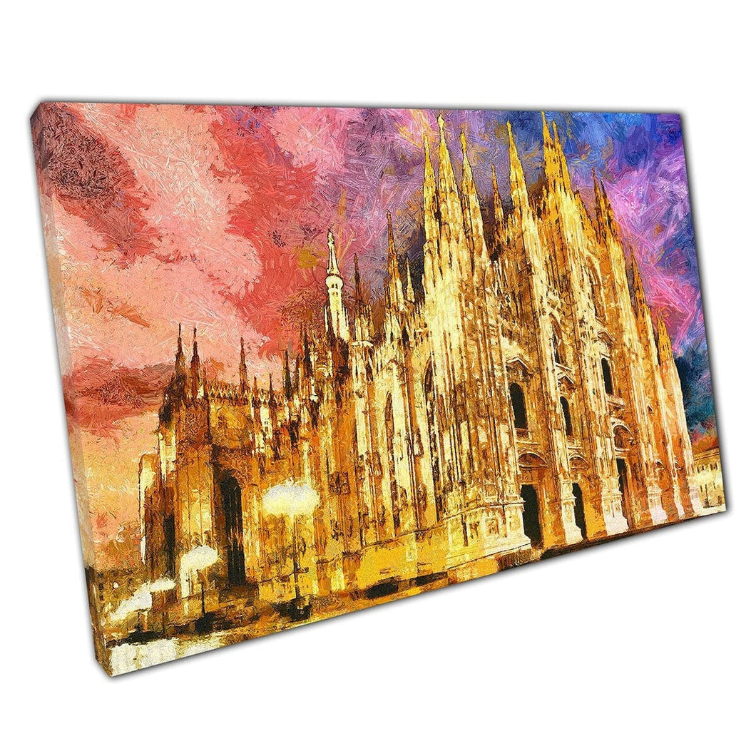 Duomo Church Cathedral Milan verlicht door lichten in de avond Wall Art Print op canvas gemonteerde canvas print