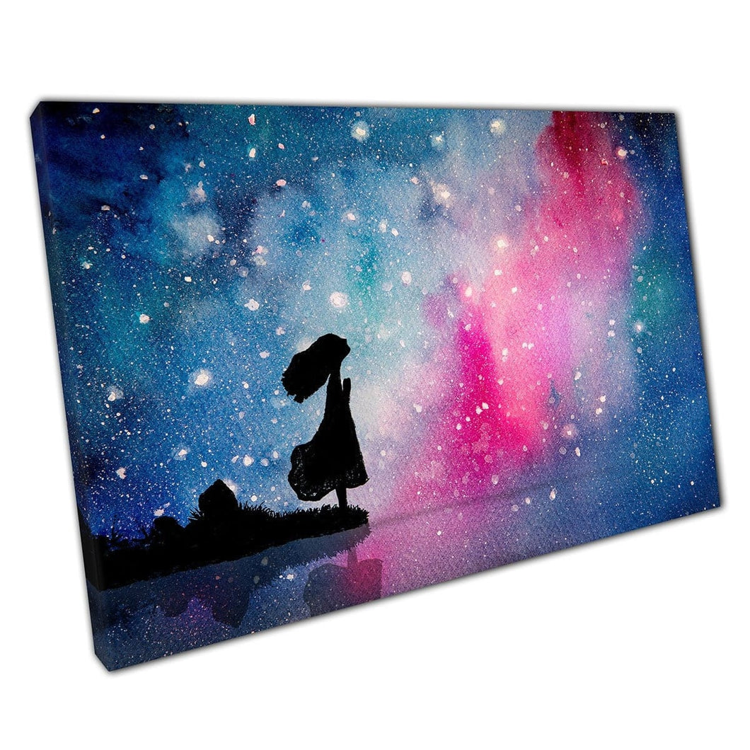 Meisje op zoek naar kleurrijke sterrenhemel nachtelijke hemel abstracte aquarel schilderstijl muurkunst print op canvas gemonteerde canvas print