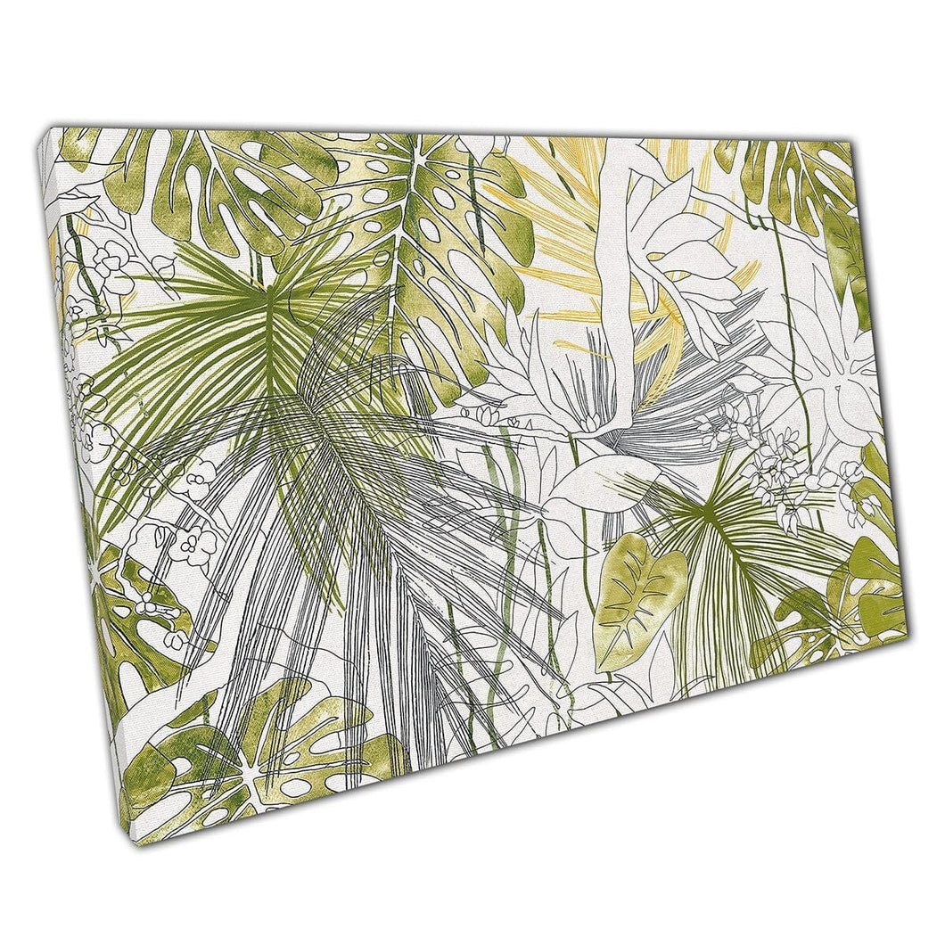 Groene en gele digitale illustratie tropische exotische jungle bladeren gebladerte natuurlijke muurkunst print op canvas gemonteerde canvas print