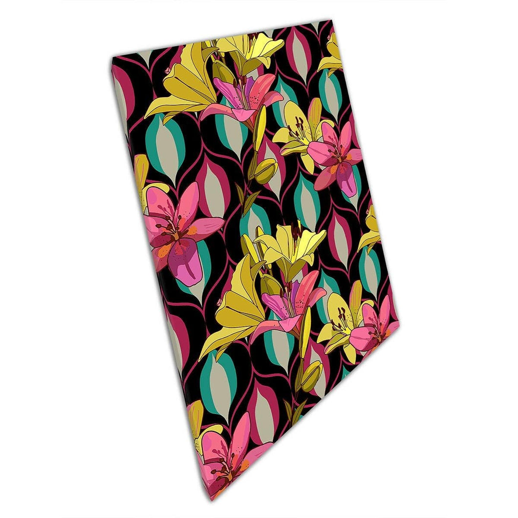 Kleurrijk levendig gele en roze kunst deco geïnspireerde bloemenlelies digitale kunstwerken muurkunst print op canvas gemonteerde canvas print