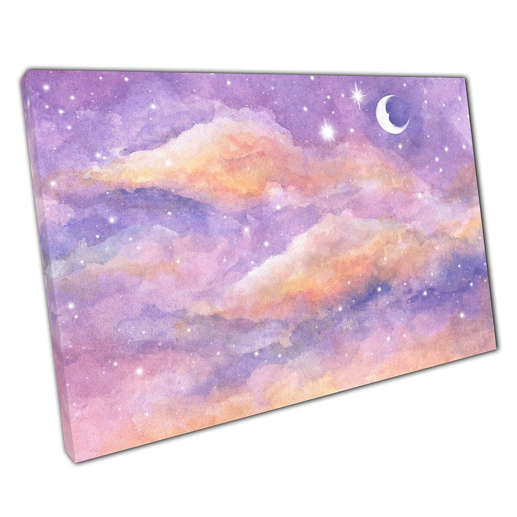 Cielo notturno viola di pesca sognante piena di luna e stelle dipinto ad acquerello in stile wall art stampare su tela in tela stampa