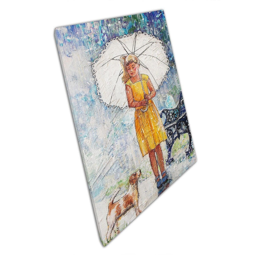Girl In Yellow Dress With Dog Out In The Rain With Umbrella Wall Art Print On Canvas Mounted Canvas print