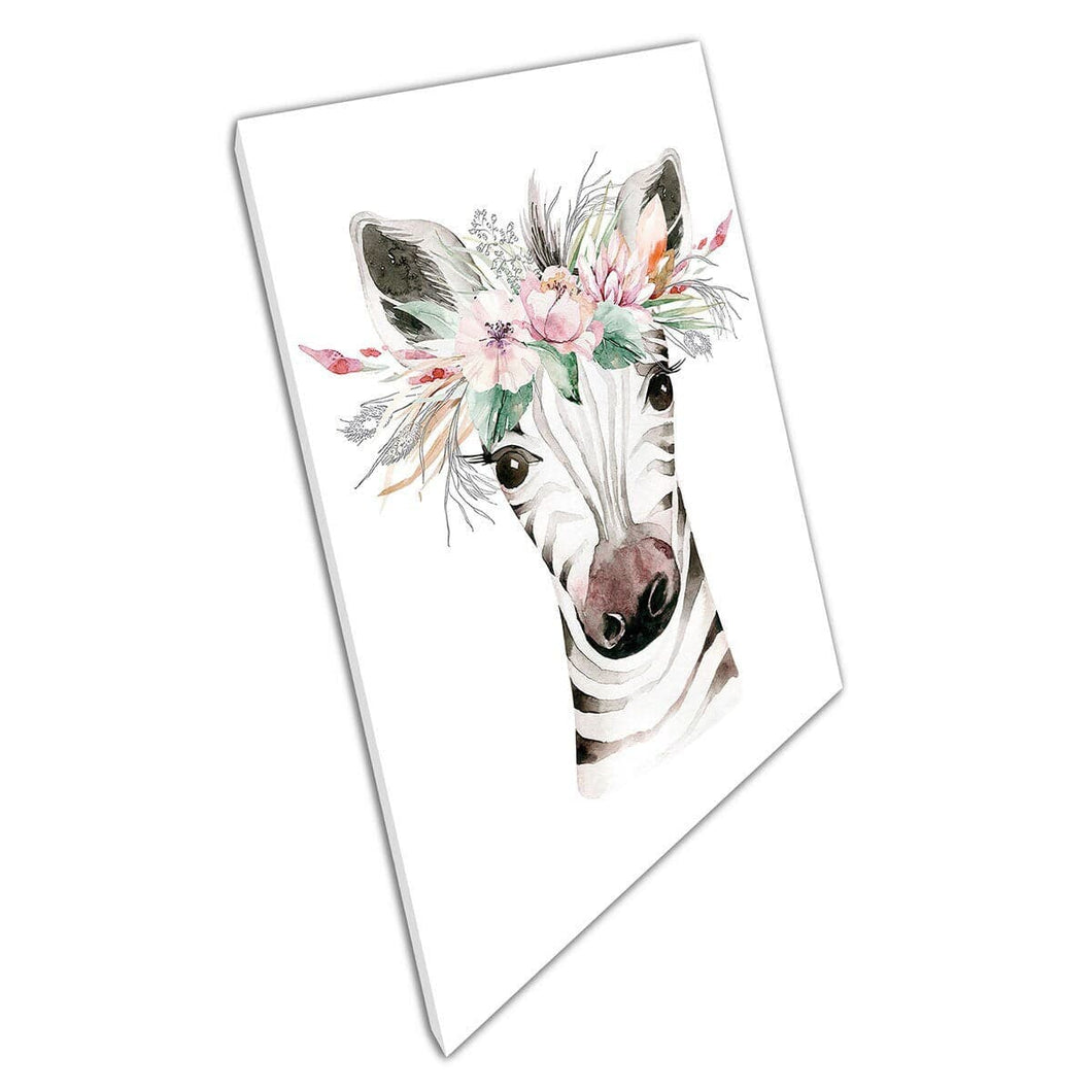 African Savanna Zebra With A Delicate Flower Crown Watercolour Illustration Wall Art Print On Canvas Mounted Canvas print