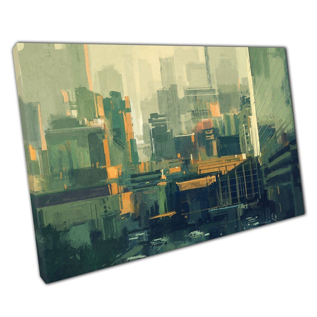 Urban CityScape bij zonsondergang Abstract Skyscrapers schilderen illustratie stijl groene tone muur kunst print op canvas gemonteerd canvas print